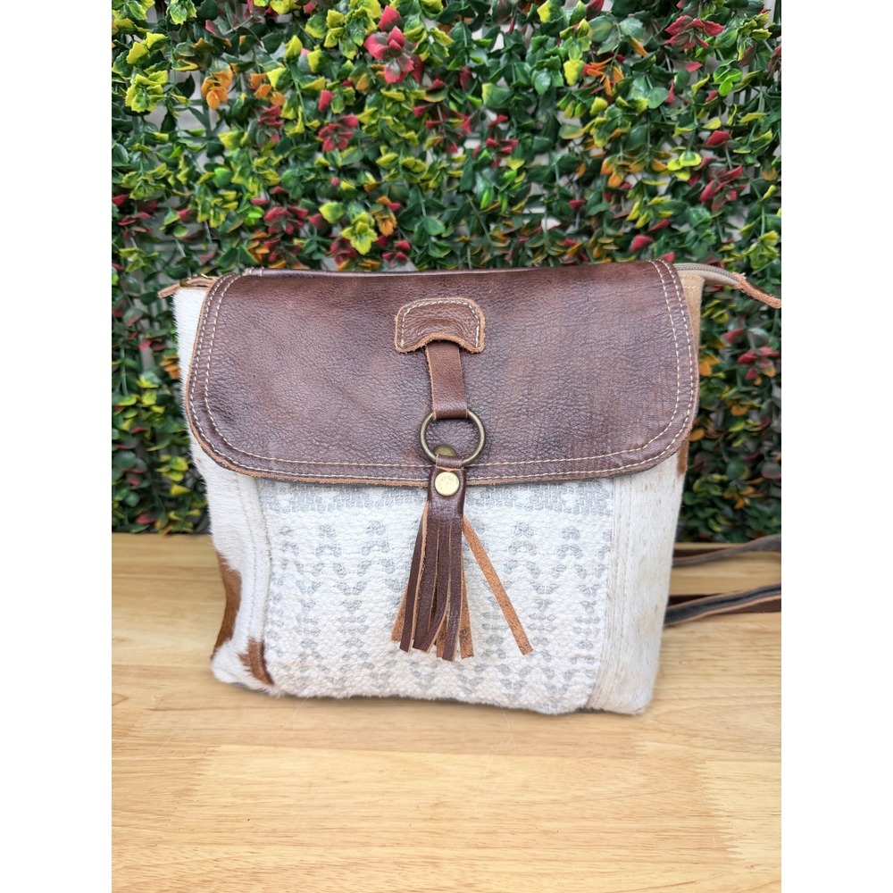Myra Bag Canvas Leather Hair-on Cowhide Small Backpack Western Boho Grey Brown